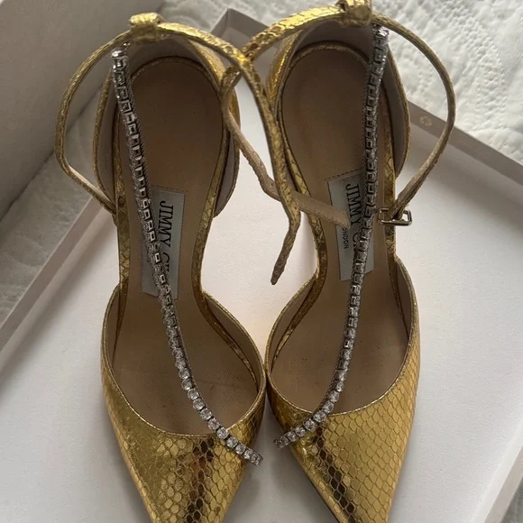 Jimmy Choo Gold Snakeskin (embossed)Heels with Crystal Accents - Picture 6 of 11